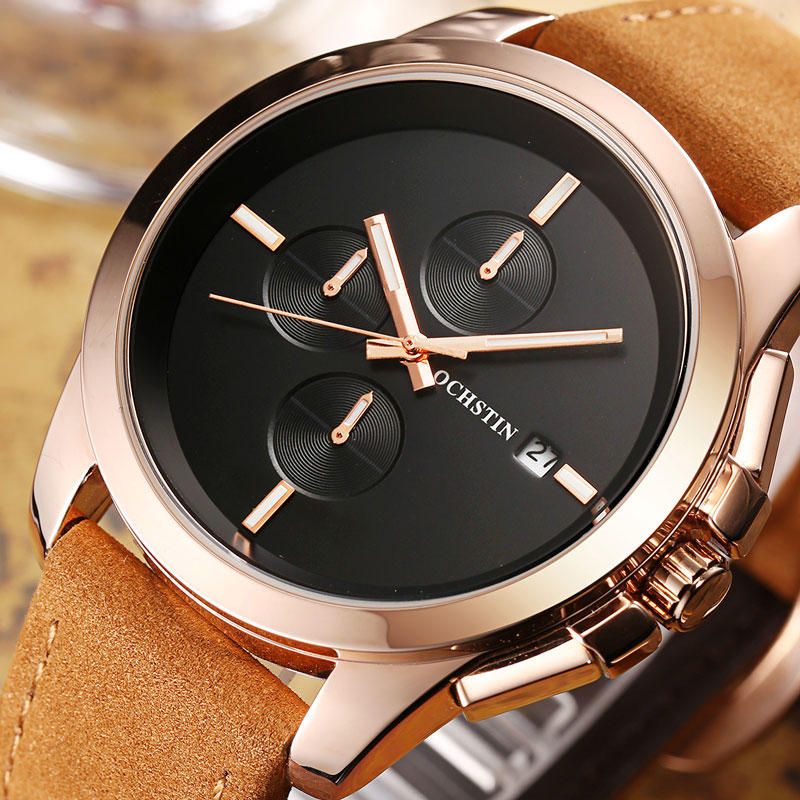 Gq059a Reloj De Pulsera De Cuero Genuino De Estilo Casual Para Hombre Reloj De Cuarzo Con Calendario