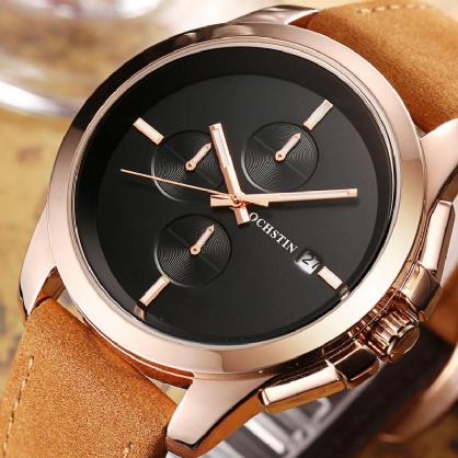 Gq059a Reloj De Pulsera De Cuero Genuino De Estilo Casual Para Hombre Reloj De Cuarzo Con Calendario