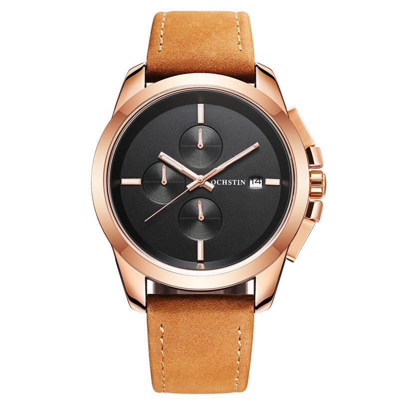 Gq059a Reloj De Pulsera De Cuero Genuino De Estilo Casual Para Hombre Reloj De Cuarzo Con Calendario