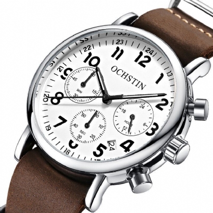 Gq081a Cronógrafo Estilo Casual Reloj De Pulsera Para Hombre Reloj De Cuarzo Con Banda De Cuero Genuino