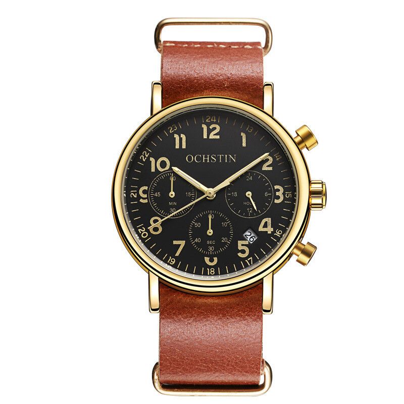 Gq081a Cronógrafo Estilo Casual Reloj De Pulsera Para Hombre Reloj De Cuarzo Con Banda De Cuero Genuino