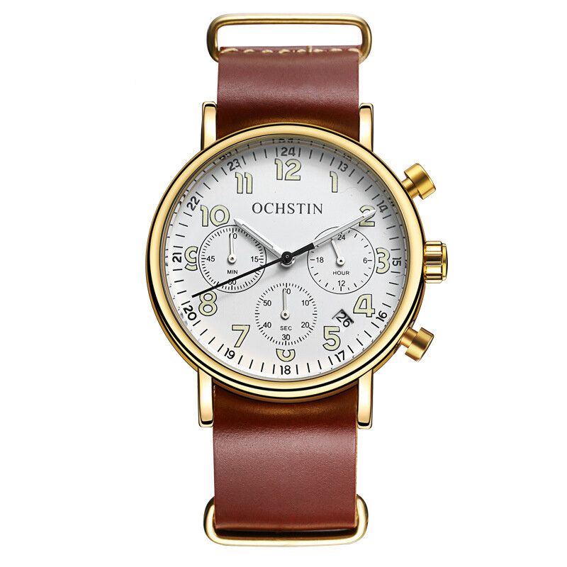 Gq081a Cronógrafo Estilo Casual Reloj De Pulsera Para Hombre Reloj De Cuarzo Con Banda De Cuero Genuino