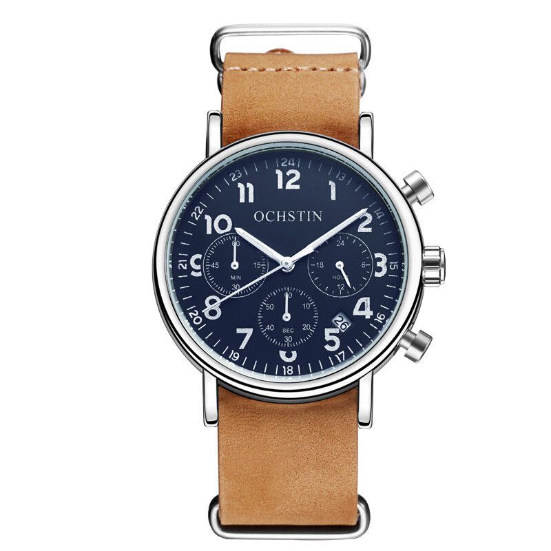 Gq081a Cronógrafo Estilo Casual Reloj De Pulsera Para Hombre Reloj De Cuarzo Con Banda De Cuero Genuino