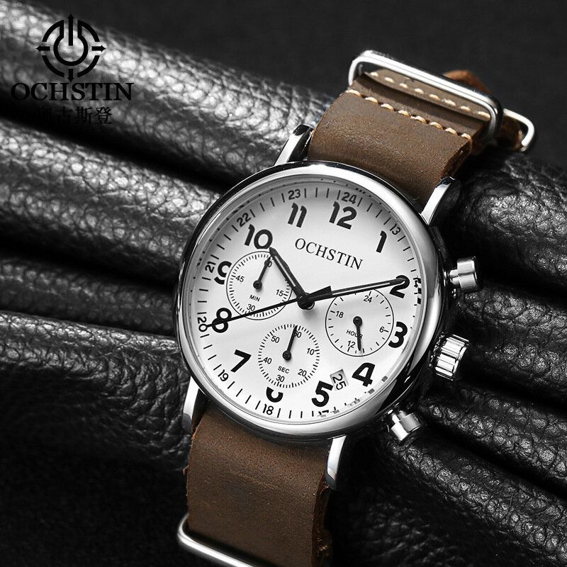 Gq081a Cronógrafo Estilo Casual Reloj De Pulsera Para Hombre Reloj De Cuarzo Con Banda De Cuero Genuino