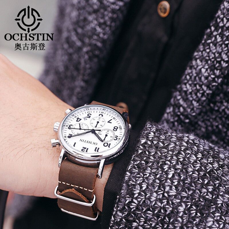 Gq081a Cronógrafo Estilo Casual Reloj De Pulsera Para Hombre Reloj De Cuarzo Con Banda De Cuero Genuino