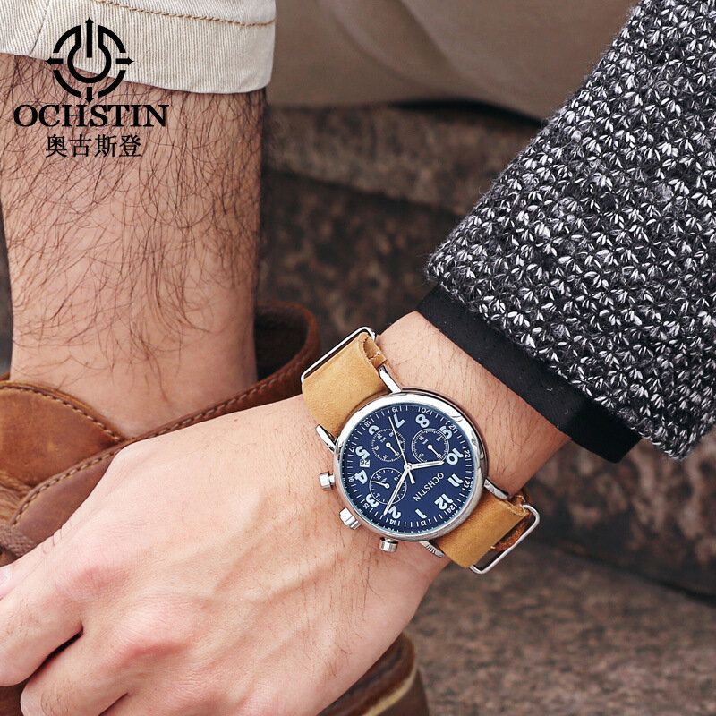 Gq081a Cronógrafo Estilo Casual Reloj De Pulsera Para Hombre Reloj De Cuarzo Con Banda De Cuero Genuino