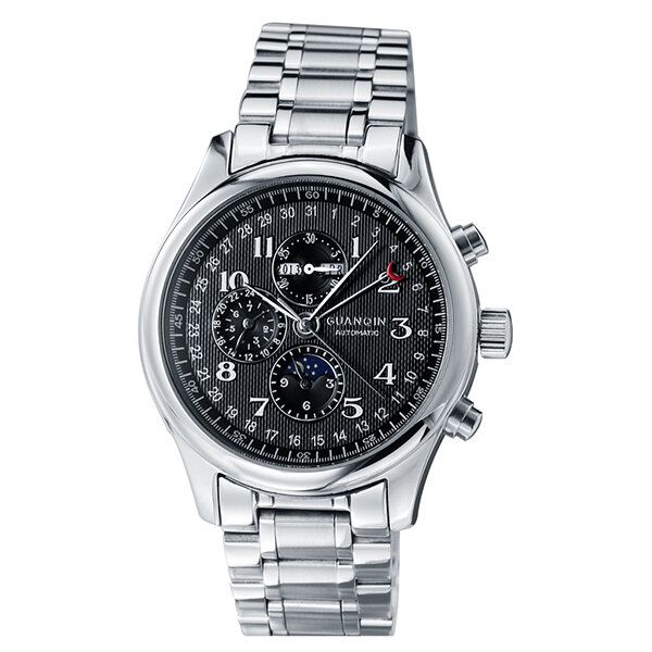 Gq20022 Masculino Multifuncional Luminoso Doble Calendario Impermeable Hombres Reloj Mecánico Con Correa De Acero Inoxidable