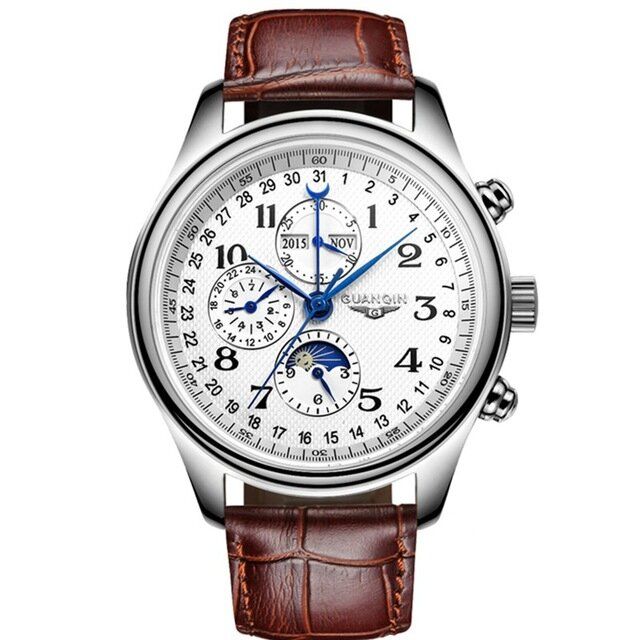 Gq20022 Masculino Multifuncional Luminoso Doble Calendario Impermeable Hombres Reloj Mecánico Con Correa De Acero Inoxidable