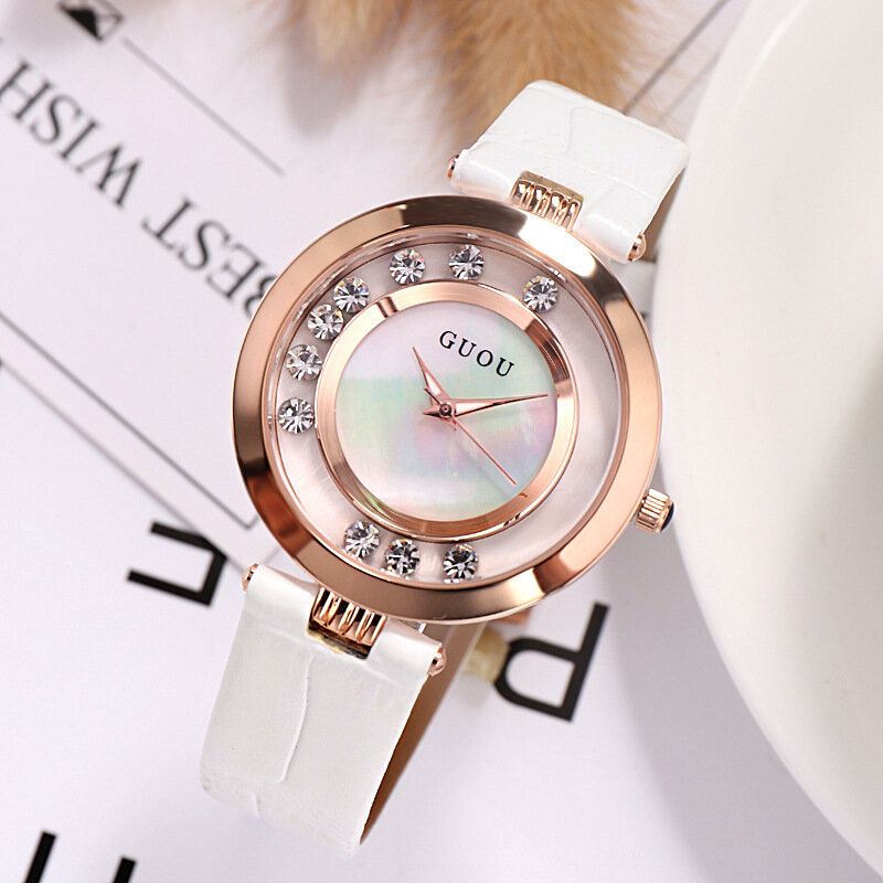 Guou 8039 Reloj De Mujer De Moda Reloj De Cuarzo Femenino Con Correa De Cuero De Diamante Y Brillo De Acero Completo De Lujo Ligero