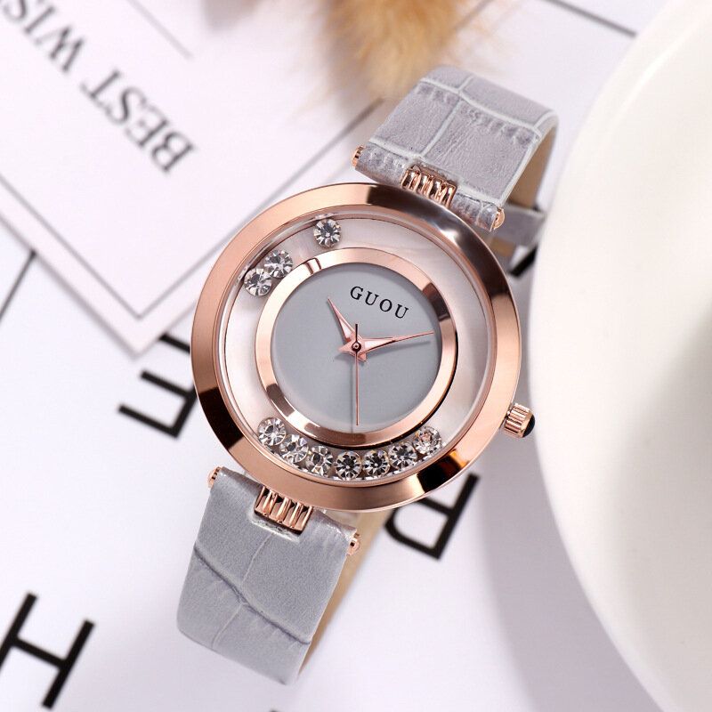 Guou 8039 Reloj De Mujer De Moda Reloj De Cuarzo Femenino Con Correa De Cuero De Diamante Y Brillo De Acero Completo De Lujo Ligero