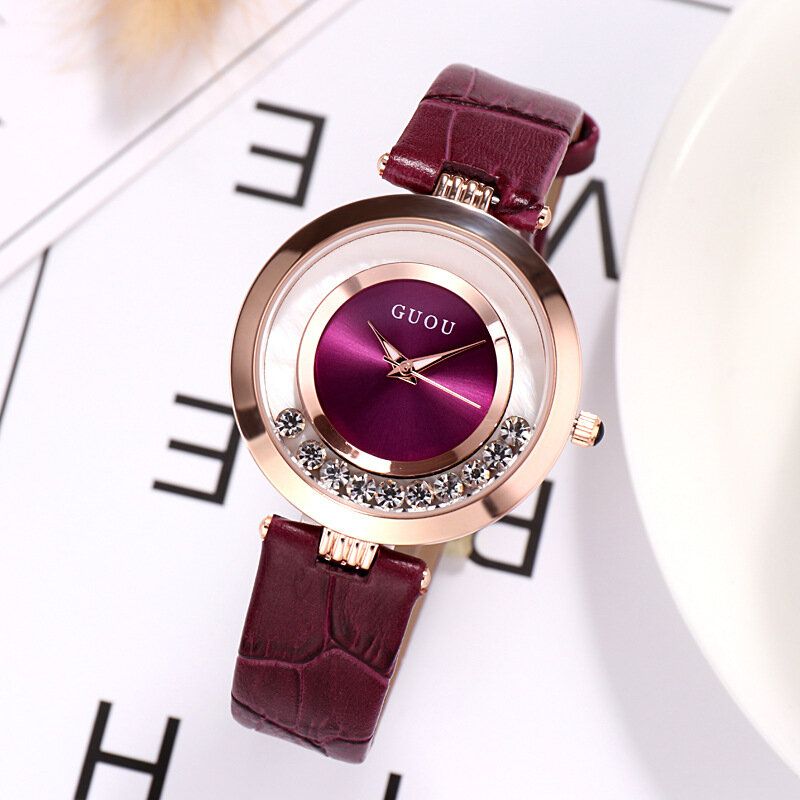 Guou 8039 Reloj De Mujer De Moda Reloj De Cuarzo Femenino Con Correa De Cuero De Diamante Y Brillo De Acero Completo De Lujo Ligero