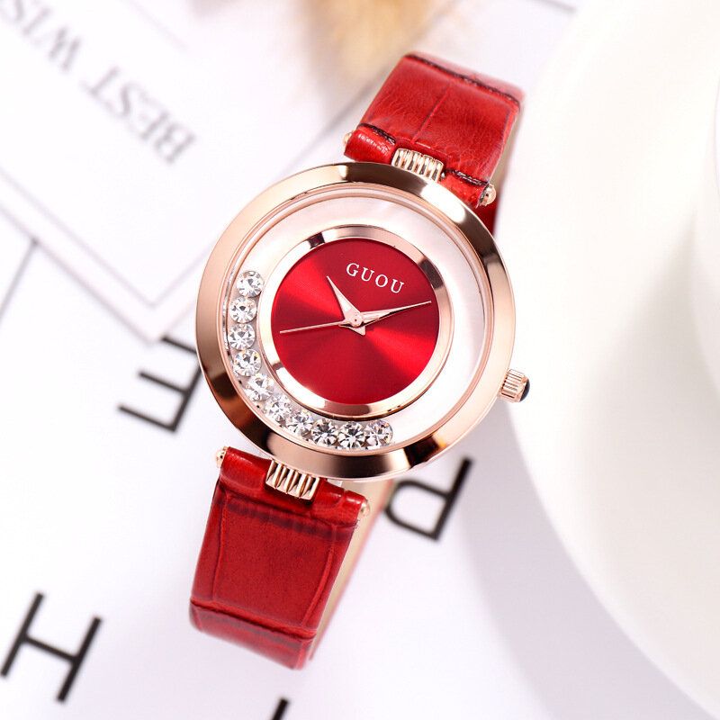 Guou 8039 Reloj De Mujer De Moda Reloj De Cuarzo Femenino Con Correa De Cuero De Diamante Y Brillo De Acero Completo De Lujo Ligero