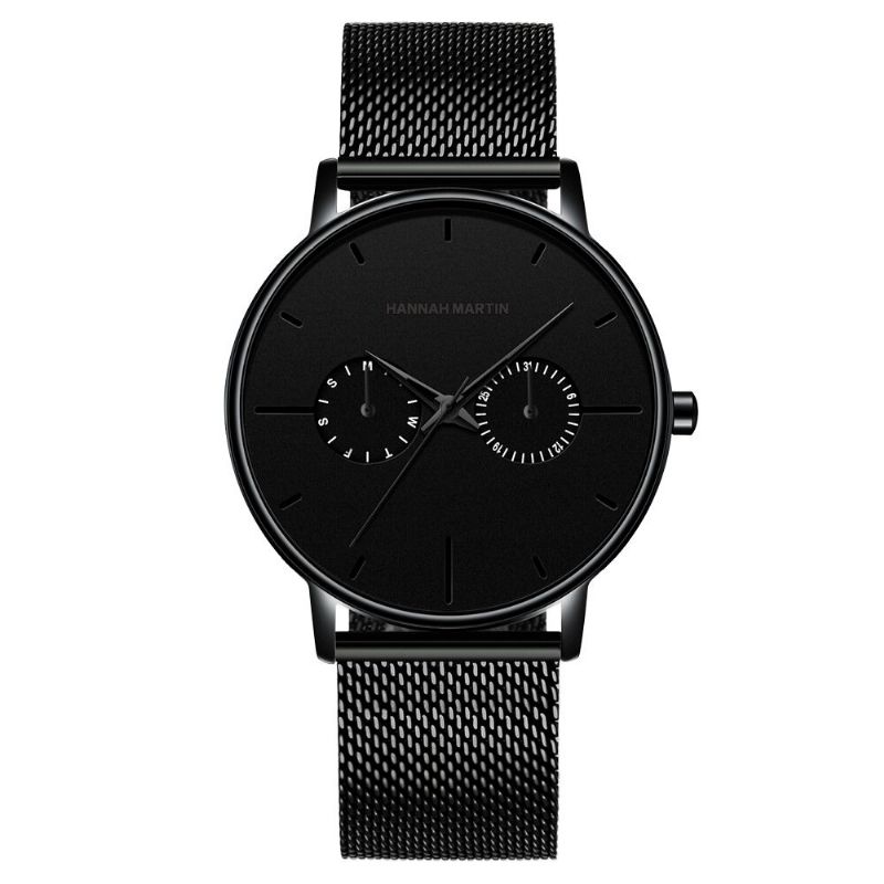 Hannah Martin Fashion Casual Con Calendario Dual Dial Steel Mesh Pu Leather Strap 3atm Reloj De Cuarzo Impermeable Para Hombre