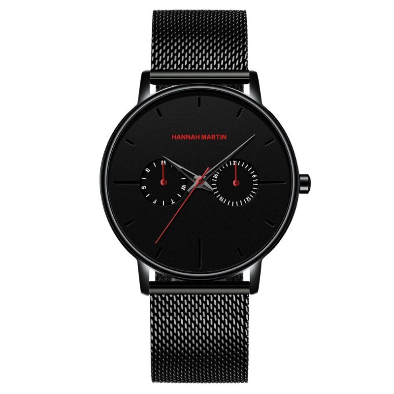 Hannah Martin Fashion Casual Con Calendario Dual Dial Steel Mesh Pu Leather Strap 3atm Reloj De Cuarzo Impermeable Para Hombre