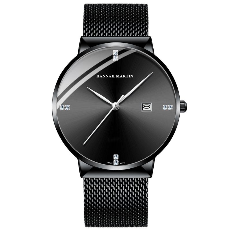 Hannah Martin Hm901 Business Casual Diamante Acero Inoxidable Correa De Malla Pantalla De Fecha Reloj De Pulsera Impermeable Para Hombre Relojes De Cuarzo