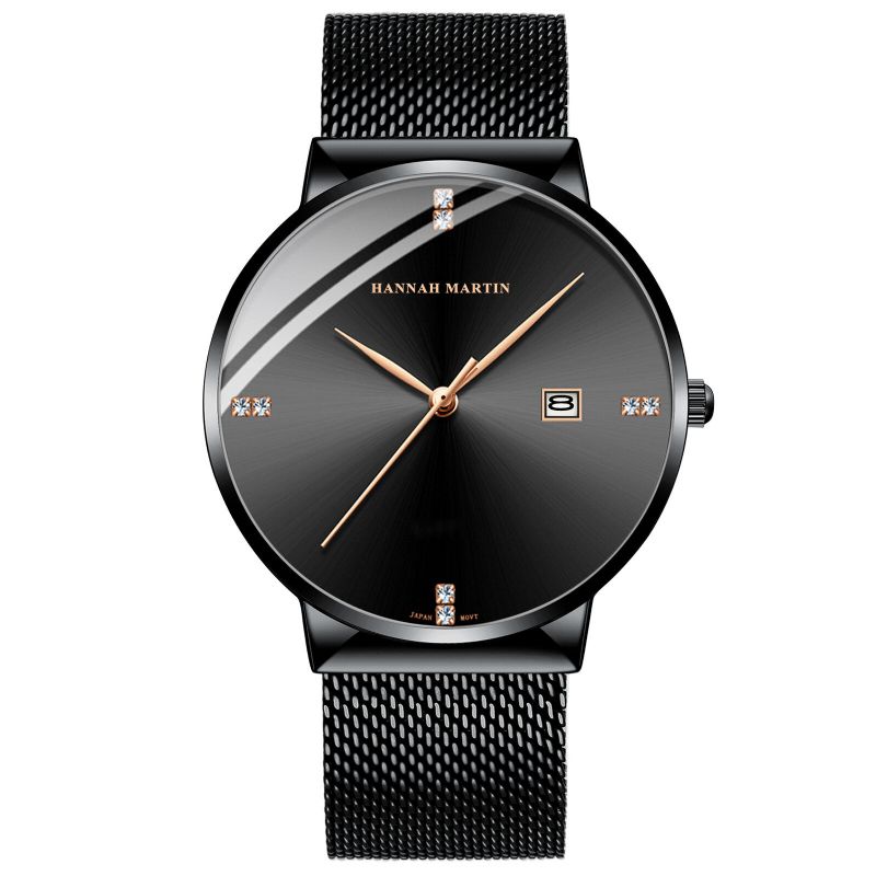 Hannah Martin Hm901 Business Casual Diamante Acero Inoxidable Correa De Malla Pantalla De Fecha Reloj De Pulsera Impermeable Para Hombre Relojes De Cuarzo