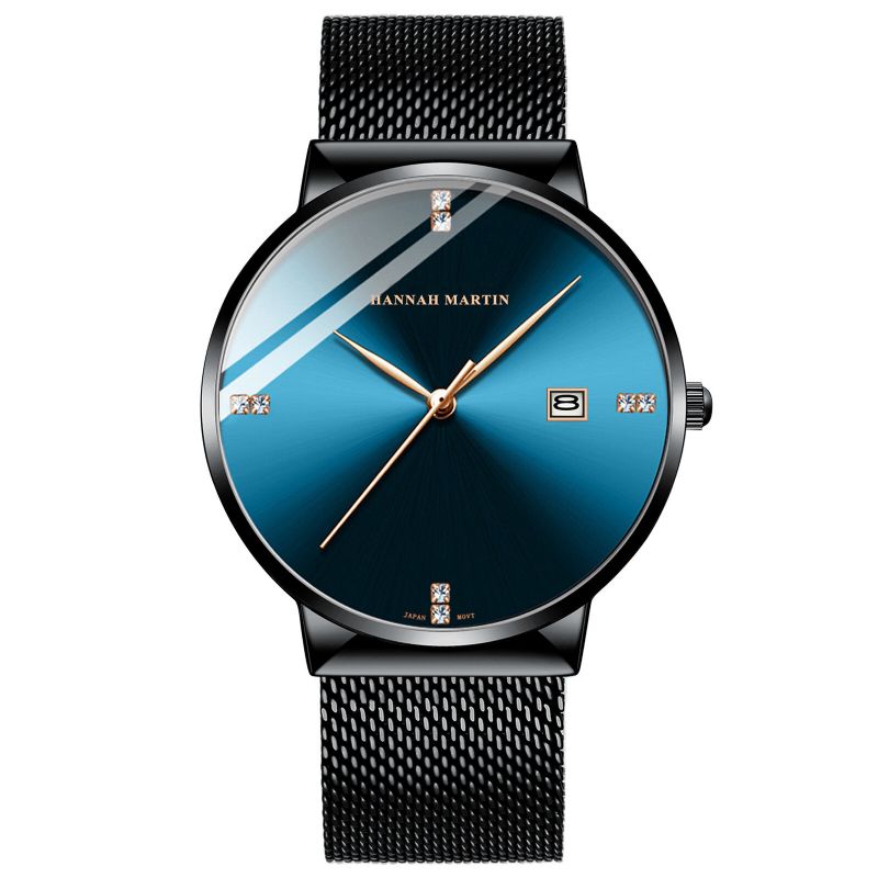 Hannah Martin Hm901 Business Casual Diamante Acero Inoxidable Correa De Malla Pantalla De Fecha Reloj De Pulsera Impermeable Para Hombre Relojes De Cuarzo