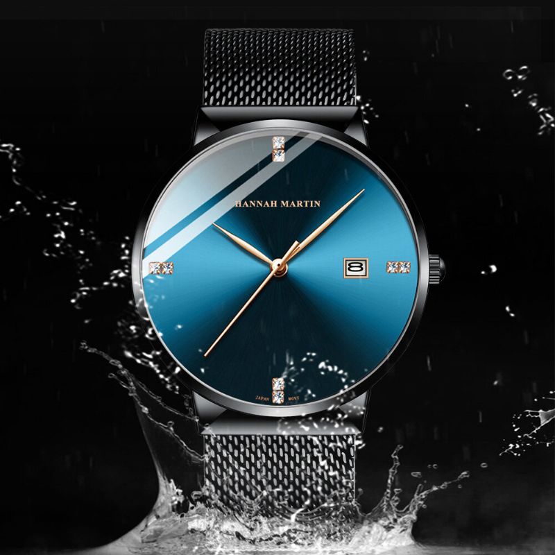 Hannah Martin Hm901 Business Casual Diamante Acero Inoxidable Correa De Malla Pantalla De Fecha Reloj De Pulsera Impermeable Para Hombre Relojes De Cuarzo