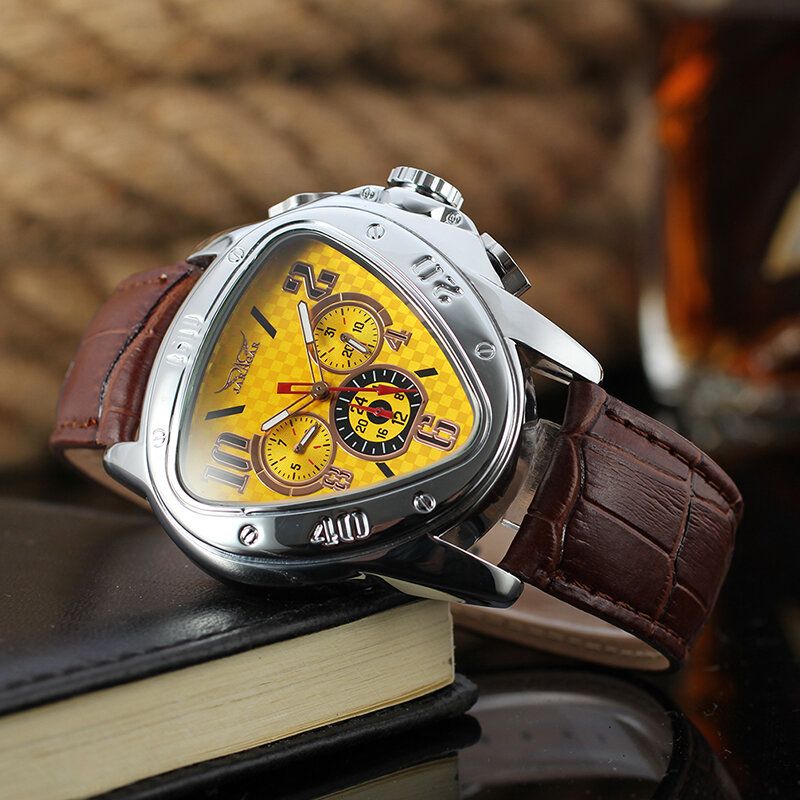 Jaragar 6516 Reloj Automático De Moda Para Hombre Reloj Creativo Con Esfera Triangular Y Fecha De La Semana Reloj Mecánico De Cuero Genuino