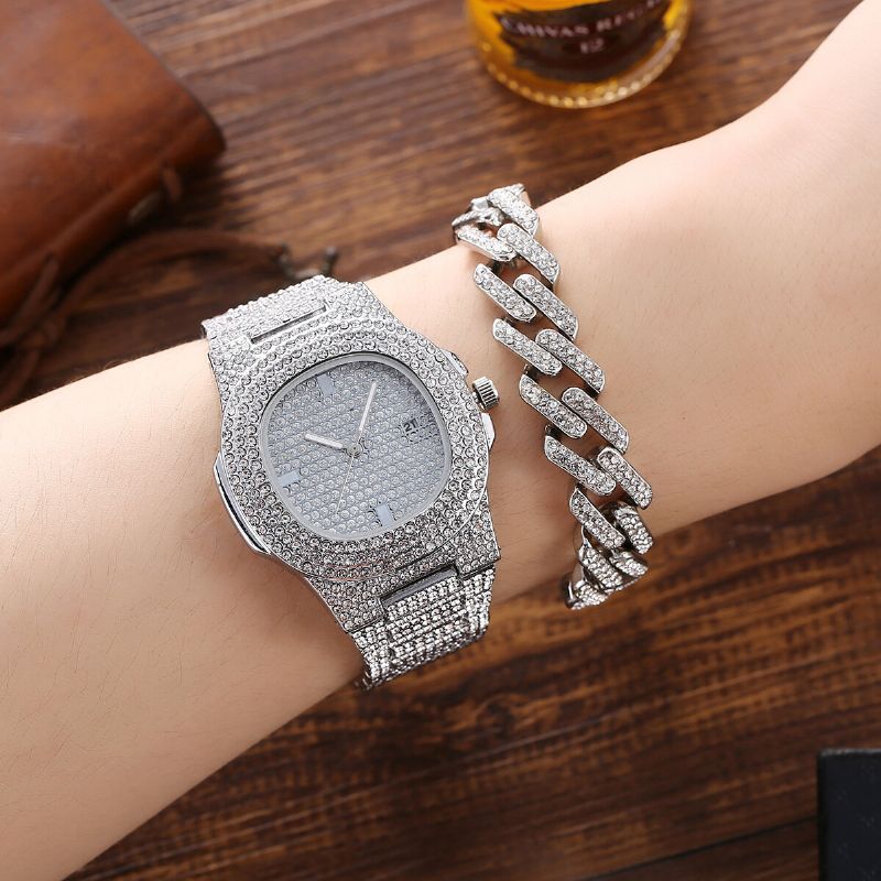 Juego De 3 Piezas De Reloj Para Hombre Con Incrustaciones De Diamantes Banda De Acero Reloj De Cuarzo Collar Pulsera Kit De Regalo De Joyería