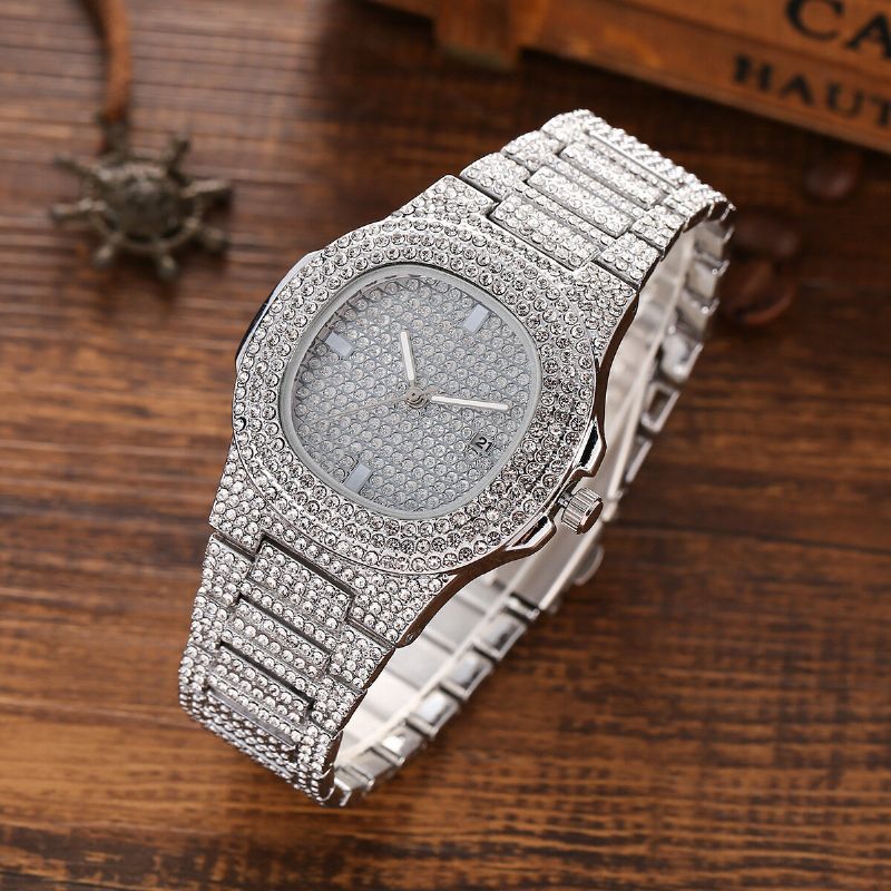 Juego De 3 Piezas De Reloj Para Hombre Con Incrustaciones De Diamantes Banda De Acero Reloj De Cuarzo Collar Pulsera Kit De Regalo De Joyería