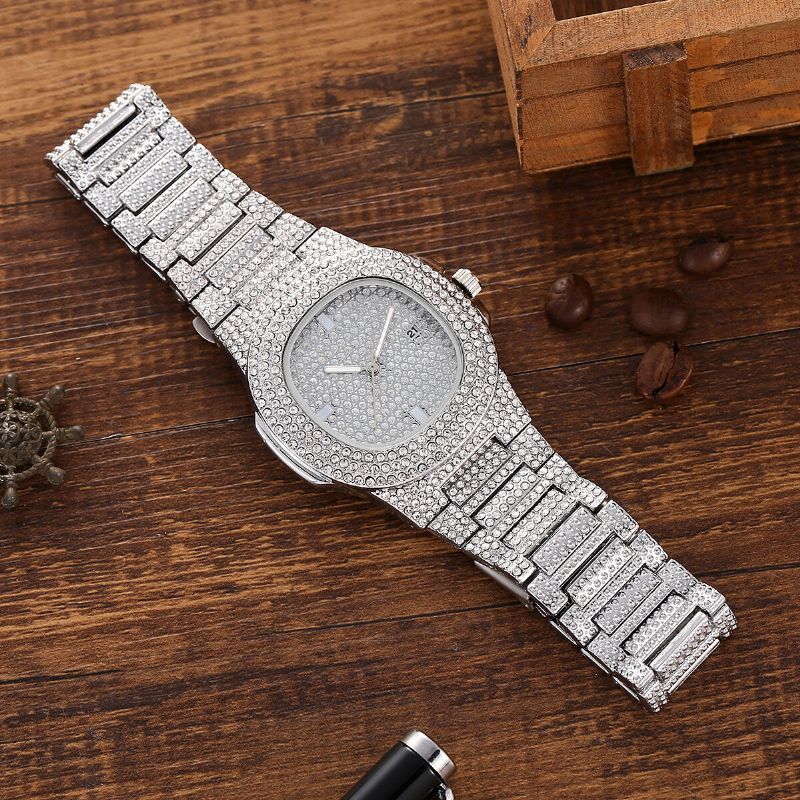 Juego De 3 Piezas De Reloj Para Hombre Con Incrustaciones De Diamantes Banda De Acero Reloj De Cuarzo Collar Pulsera Kit De Regalo De Joyería