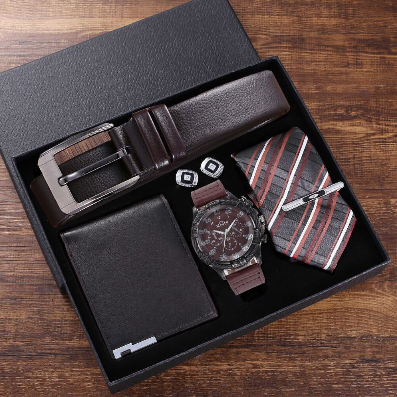 Juego De Reloj De Negocios De 5 Piezas Para Hombre Reloj De Cuarzo De Cuero Cinturón Monedero Gemelos Corbata Kit De Regalo