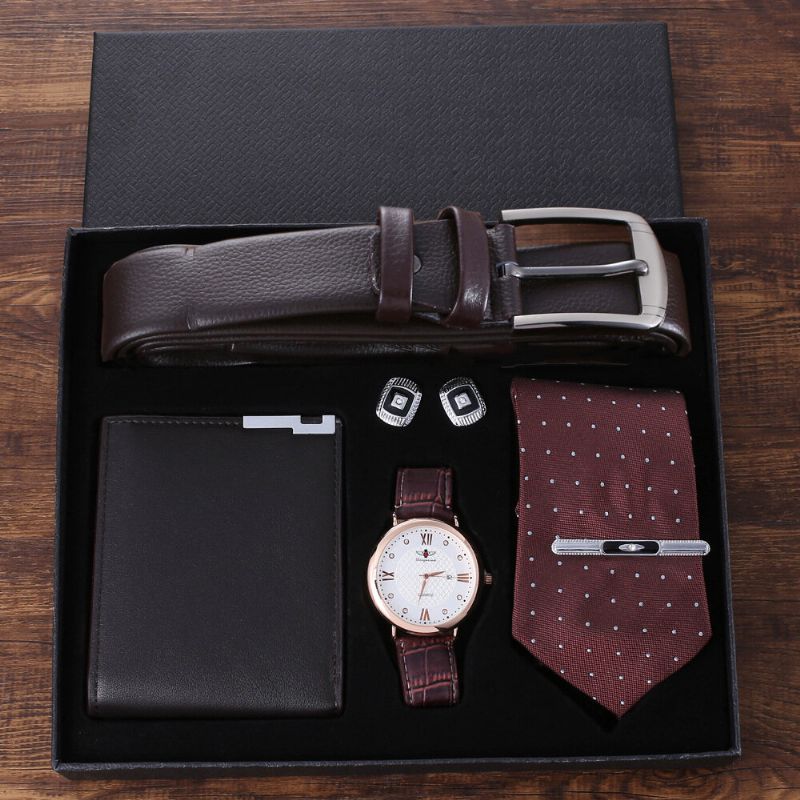 Juego De Reloj De Negocios De 5 Piezas Para Hombre Reloj De Cuarzo De Cuero Cinturón Monedero Gemelos Corbata Kit De Regalo