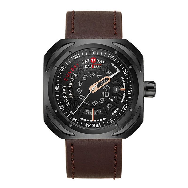 Kademan 663 Reloj De Moda Para Hombre Dial Creativo Reloj De Cuarzo Con Correa De Cuero Para Fecha Y Semana A Prueba De Agua