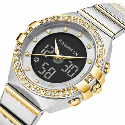 Kademan K9079l Reloj De Cuarzo De Acero Con Doble Pantalla Y Elegante Diseño De Cristal Para Mujer