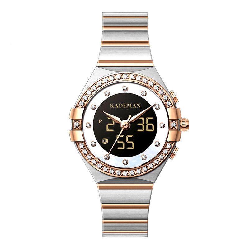 Kademan K9079l Reloj De Cuarzo De Acero Con Doble Pantalla Y Elegante Diseño De Cristal Para Mujer