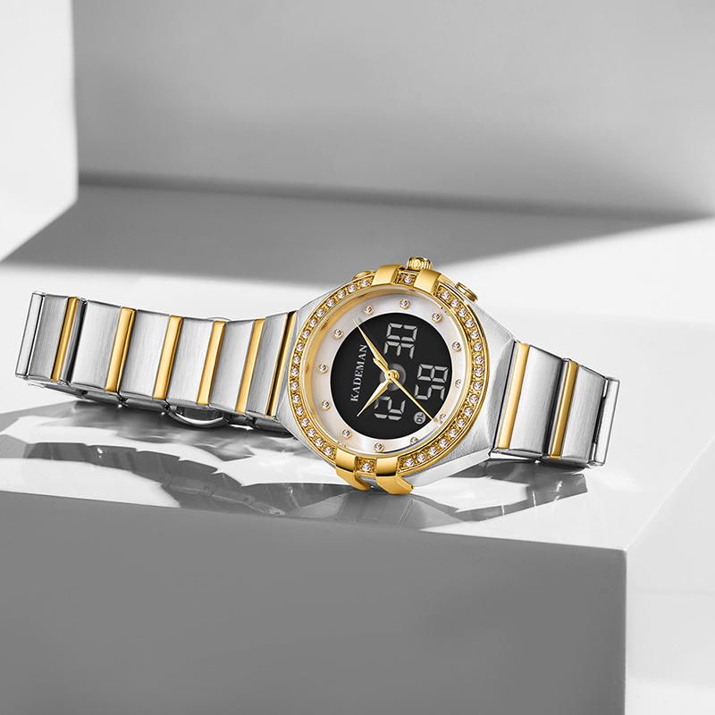 Kademan K9079l Reloj De Cuarzo De Acero Con Doble Pantalla Y Elegante Diseño De Cristal Para Mujer