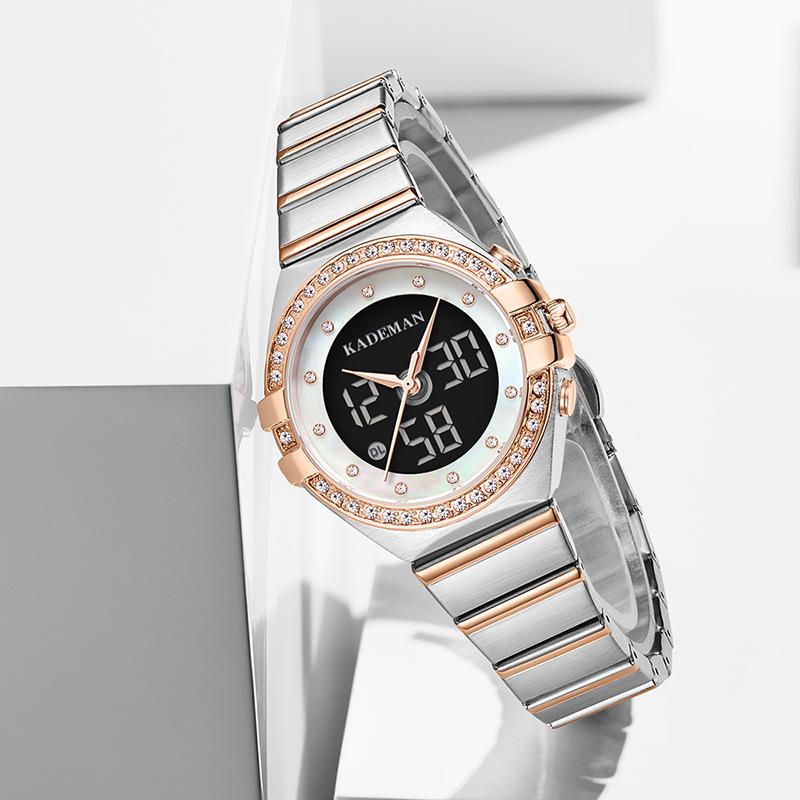 Kademan K9079l Reloj De Cuarzo De Acero Con Doble Pantalla Y Elegante Diseño De Cristal Para Mujer