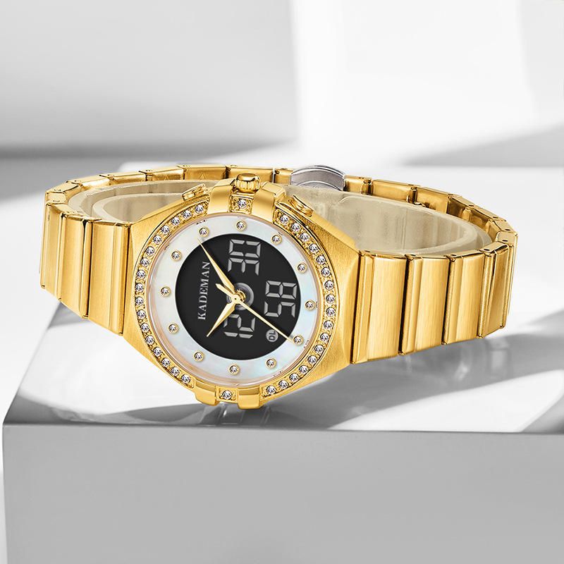 Kademan K9079l Reloj De Cuarzo De Acero Con Doble Pantalla Y Elegante Diseño De Cristal Para Mujer