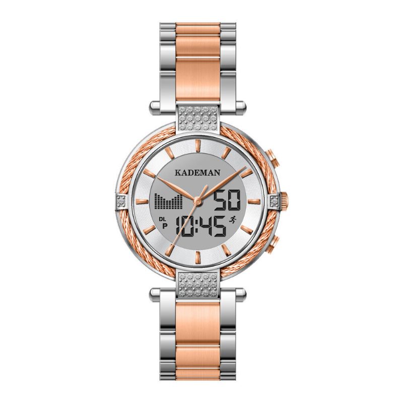 Kademan K9080 Calendario Reloj De Doble Pantalla Reloj De Cuarzo Con Alarma De Acero Completo Para Mujer