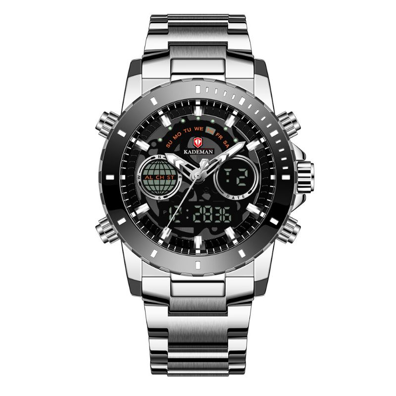 Kademan K9102 Reloj Digital De Doble Pantalla Impermeable Con Alarma De Cuenta Regresiva Con Correa De Acero Inoxidable Completa 30m