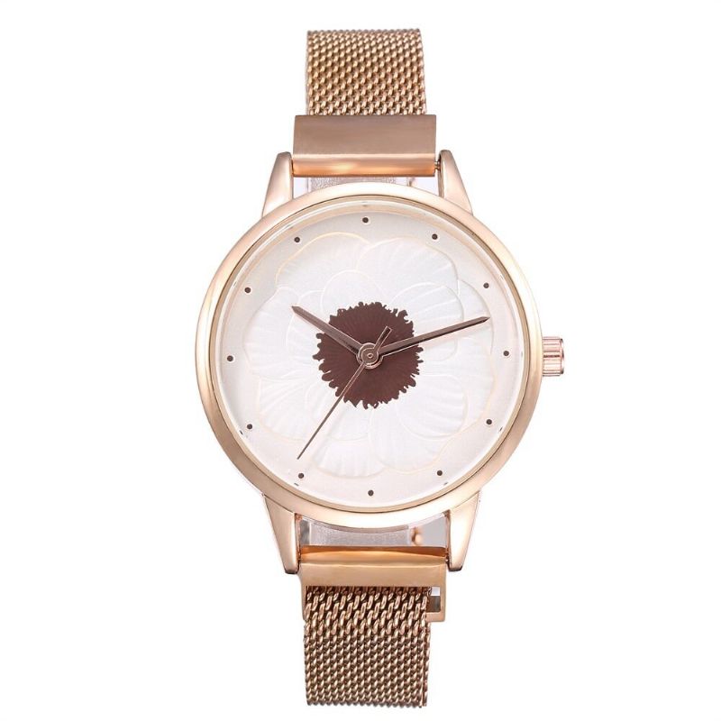 Kh019 Moda Elegante Patrón De Flores 3d Hebilla Magnética Correa De Acero De Malla Milanesa Relojes De Pulsera Para Mujer Reloj De Cuarzo