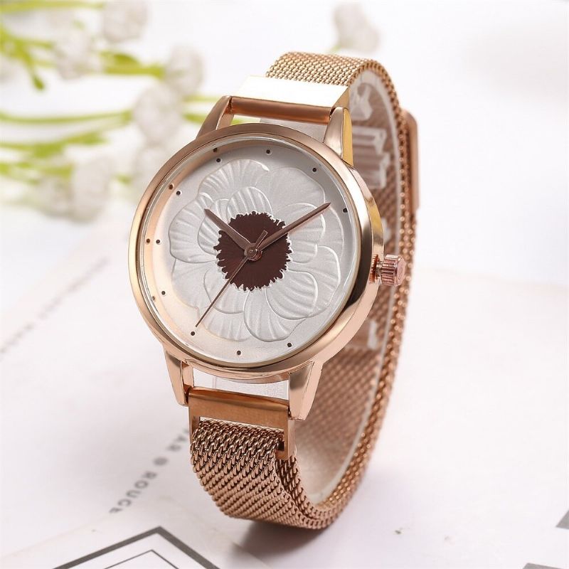 Kh019 Moda Elegante Patrón De Flores 3d Hebilla Magnética Correa De Acero De Malla Milanesa Relojes De Pulsera Para Mujer Reloj De Cuarzo