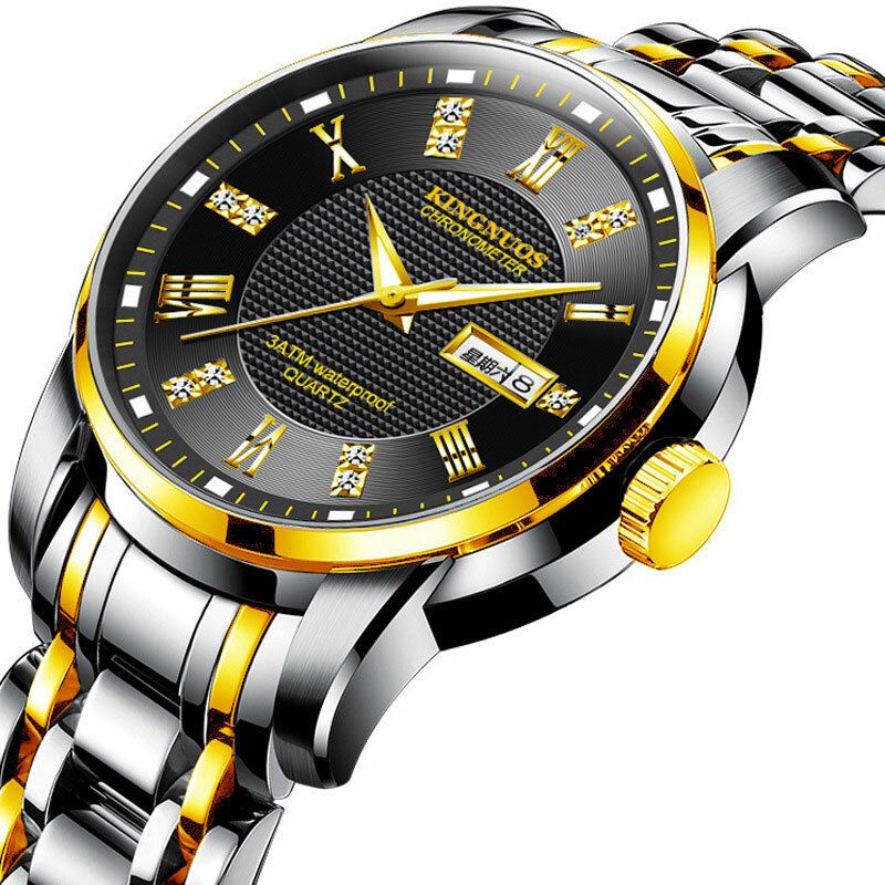 Kingnuos K-1683 Reloj De Moda Para Hombre Fecha Semana Pantalla Reloj De Cuarzo De Negocios Con Correa De Acero Inoxidable