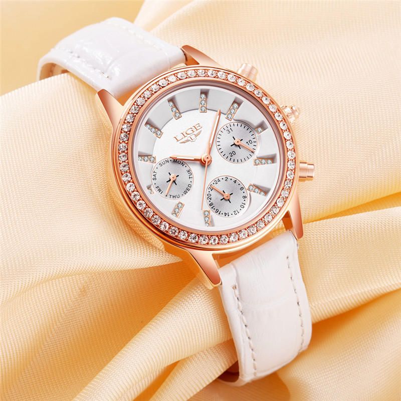 Lige 9812 Diseño Elegante Pantalla De Fecha Reloj De Pulsera Para Mujer Diamantes Banda De Cuero Relojes De Cuarzo