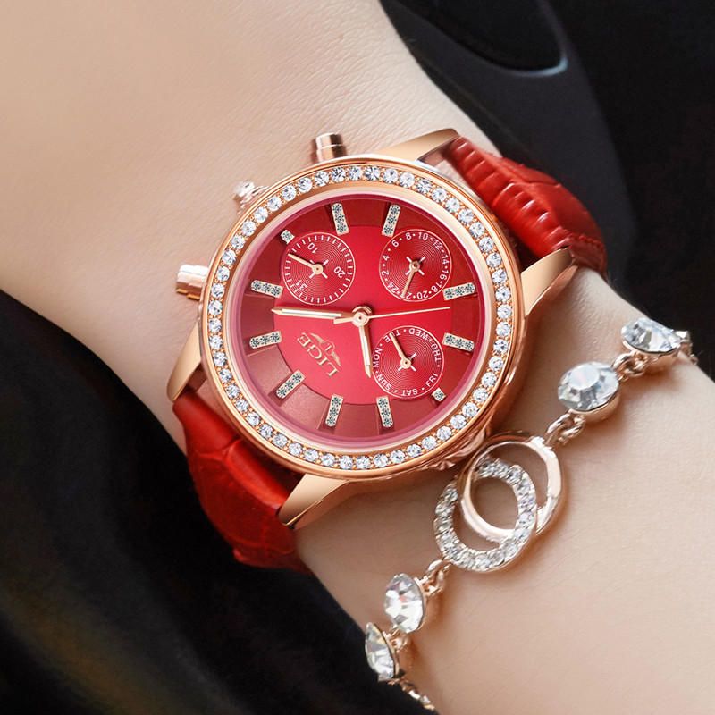 Lige 9812 Diseño Elegante Pantalla De Fecha Reloj De Pulsera Para Mujer Diamantes Banda De Cuero Relojes De Cuarzo