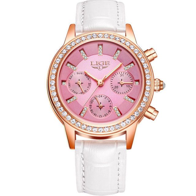 Lige 9812 Diseño Elegante Pantalla De Fecha Reloj De Pulsera Para Mujer Diamantes Banda De Cuero Relojes De Cuarzo