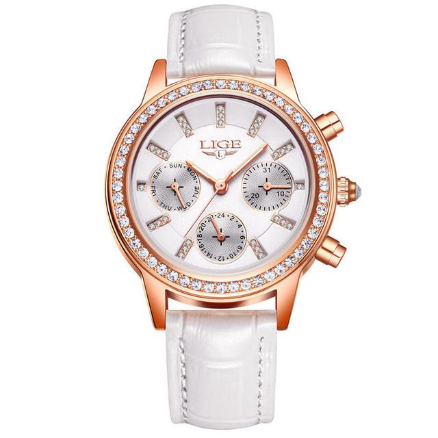 Lige 9812 Diseño Elegante Pantalla De Fecha Reloj De Pulsera Para Mujer Diamantes Banda De Cuero Relojes De Cuarzo