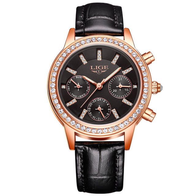 Lige 9812 Diseño Elegante Pantalla De Fecha Reloj De Pulsera Para Mujer Diamantes Banda De Cuero Relojes De Cuarzo