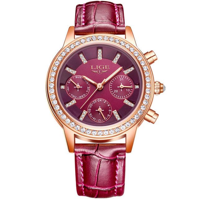 Lige 9812 Diseño Elegante Pantalla De Fecha Reloj De Pulsera Para Mujer Diamantes Banda De Cuero Relojes De Cuarzo