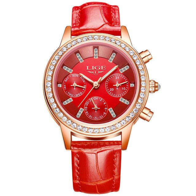 Lige 9812 Diseño Elegante Pantalla De Fecha Reloj De Pulsera Para Mujer Diamantes Banda De Cuero Relojes De Cuarzo