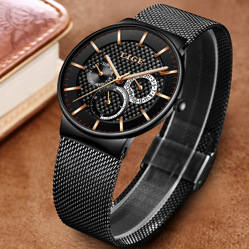 Lige 9836 Reloj Casual De Negocios Para Hombre Reloj De Cuarzo Con Pantalla De Fecha Y Semana Luminosa Impermeable