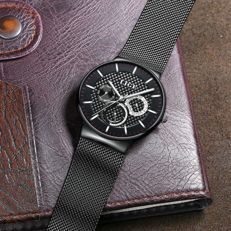 Lige 9836 Reloj Casual De Negocios Para Hombre Reloj De Cuarzo Con Pantalla De Fecha Y Semana Luminosa Impermeable