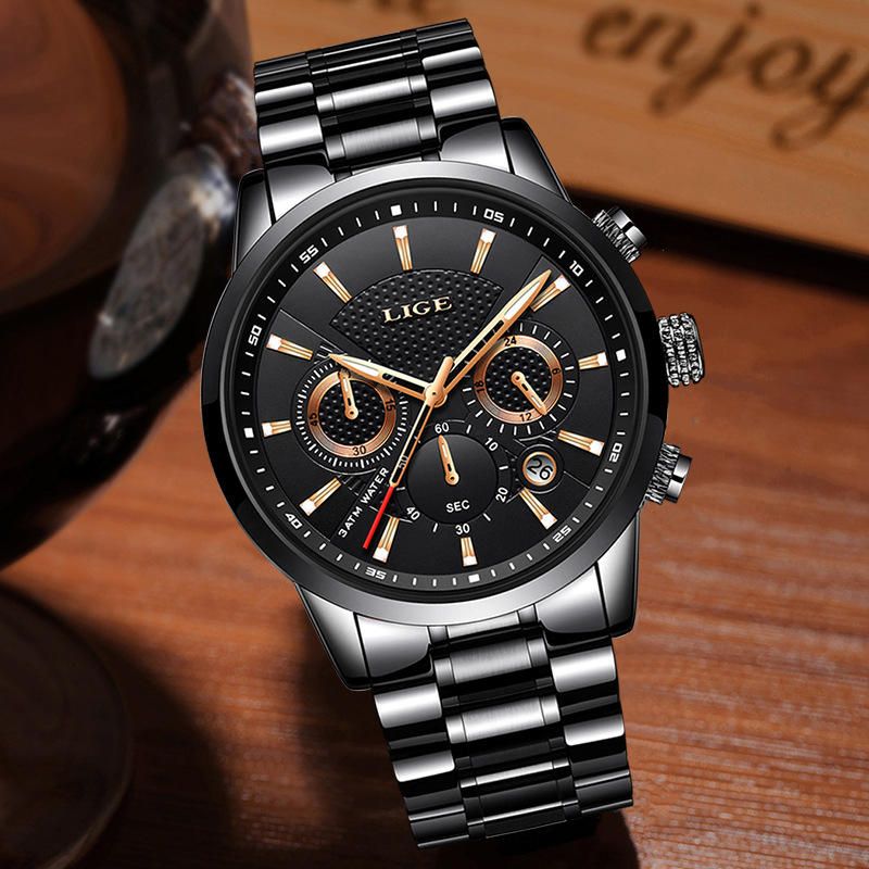 Lige 9866 Cronógrafo Reloj De Pulsera Para Hombre Con Banda De Acero Completa Reloj De Cuarzo Con Pantalla Luminosa