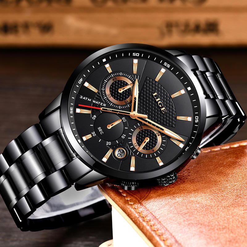 Lige 9866 Cronógrafo Reloj De Pulsera Para Hombre Con Banda De Acero Completa Reloj De Cuarzo Con Pantalla Luminosa